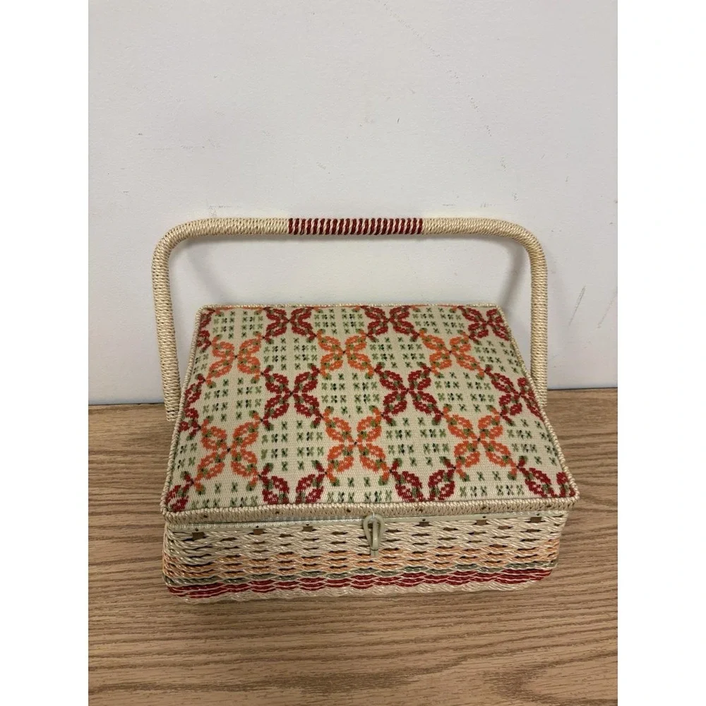 Vintage Lined Wicker Woven Sewing Basket W/Handle W/Tray And Accessories 12 X 10